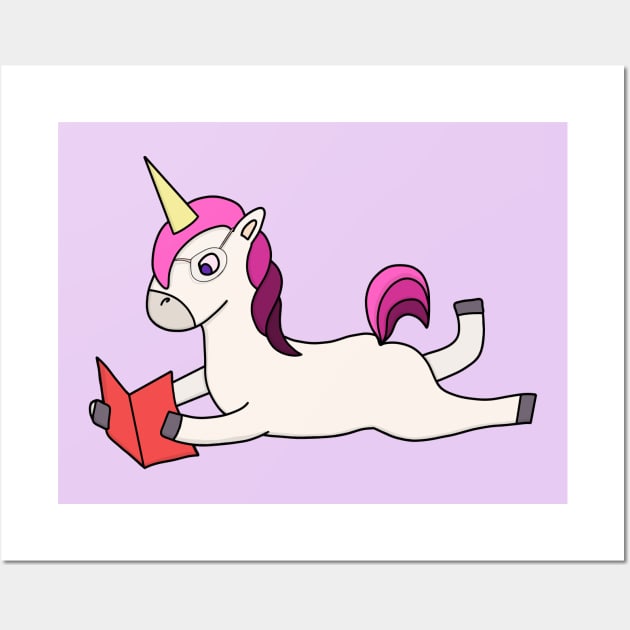 Unicorn wearing glasses and reading Wall Art by DiegoCarvalho